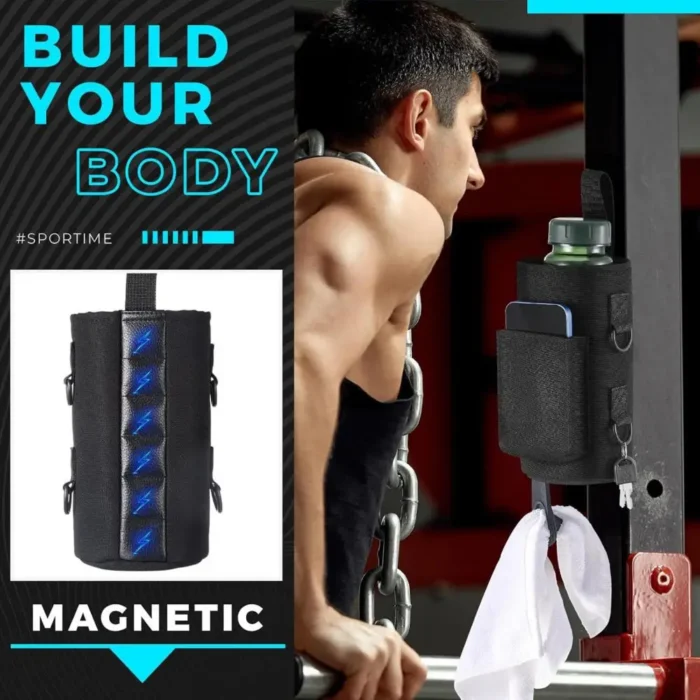Water Bottle Holder Magnetic Fitness Bottle Carrier Sports Water Bottle Sleeve with Phone Pockets Shoulder Strap for Fitness - Image 4
